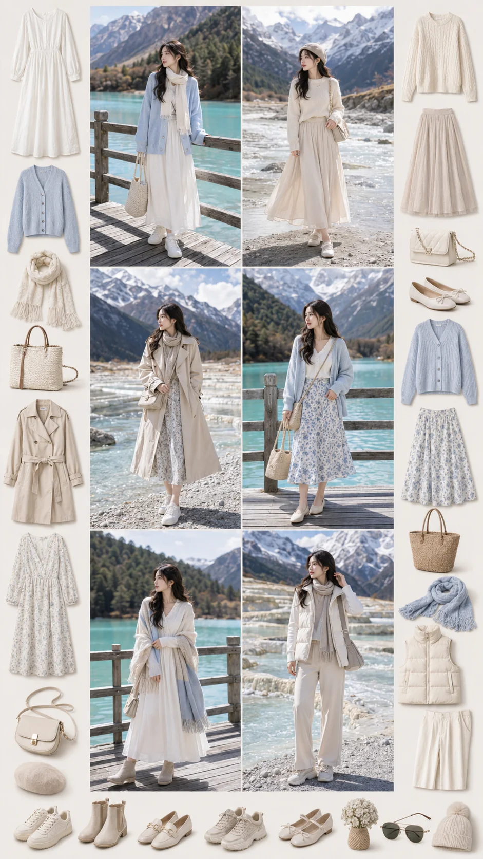 Moodboard outfit Lam Nguyệt Cốc và Bạch Thủy Hà với tông trắng kem, xanh nhạt và giày đi bộ