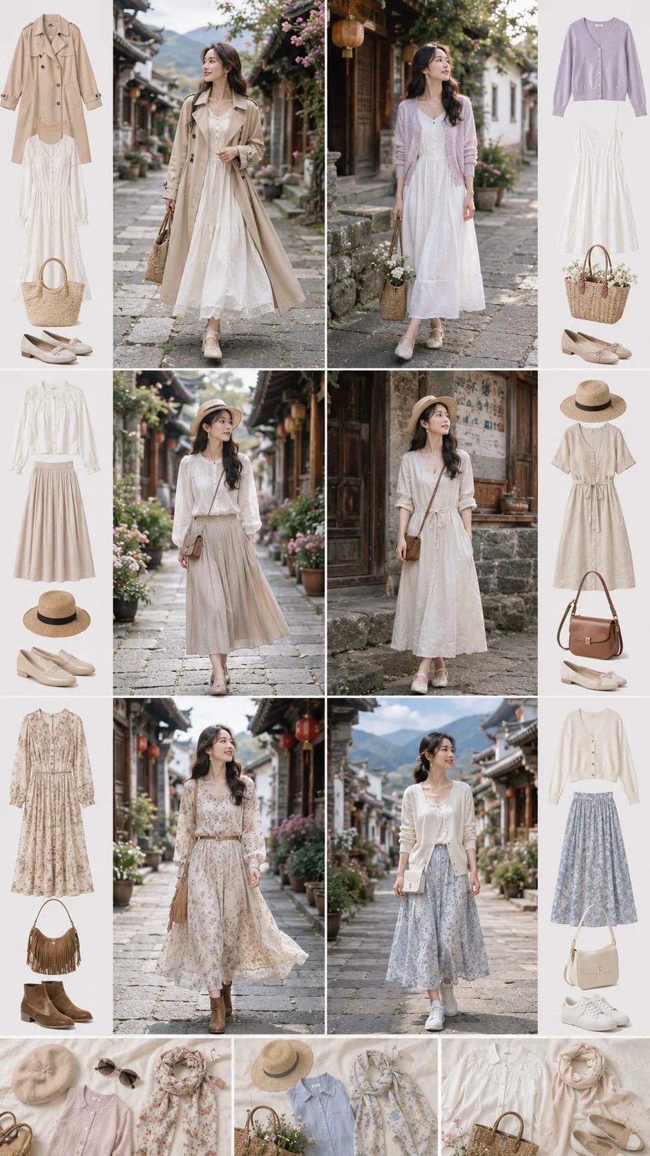 Moodboard outfit Thành cổ Đại Lý tông kem, pastel và váy midi nhẹ