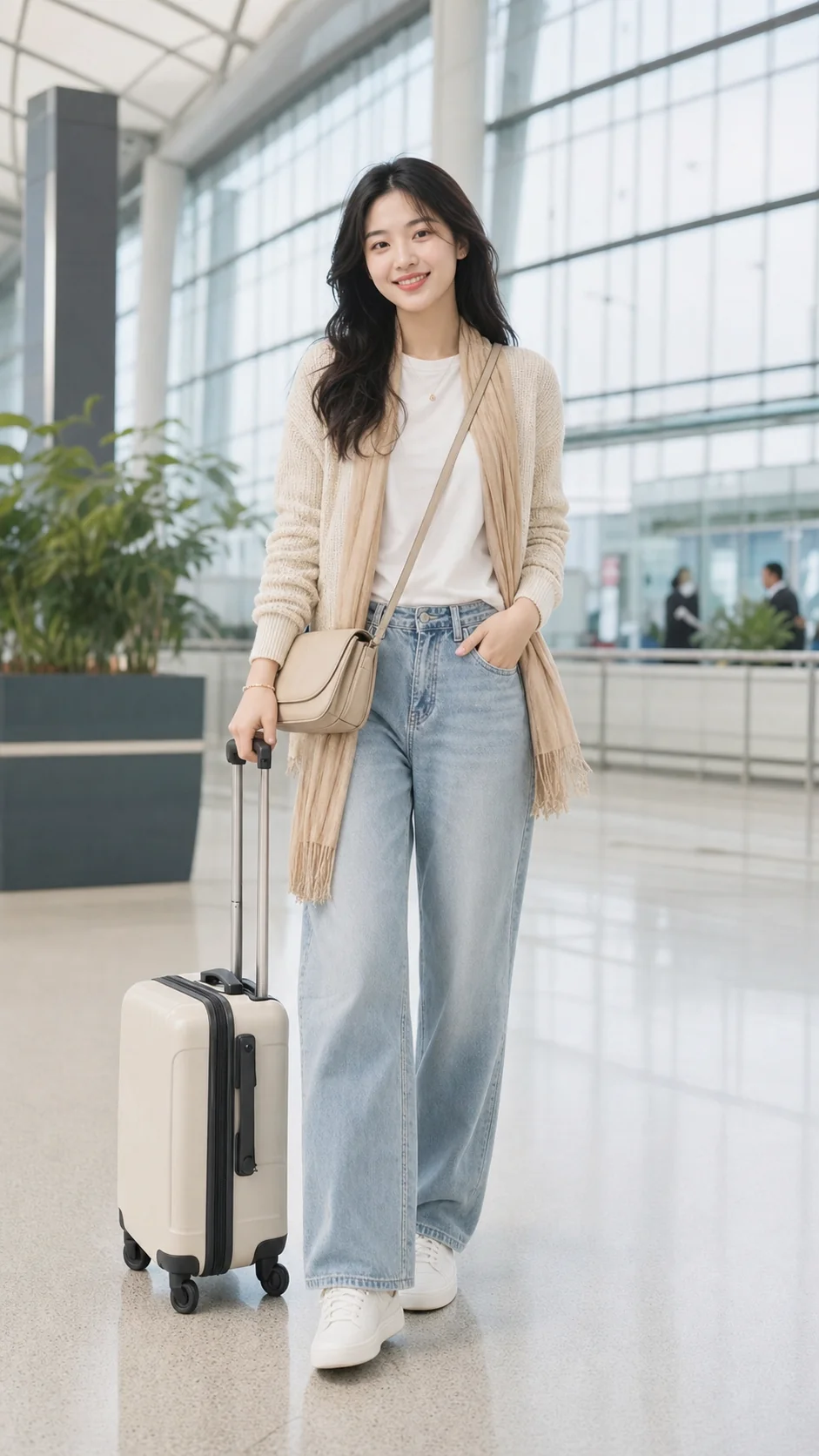 Outfit sân bay với cardigan kem, denim sáng và sneaker trắng