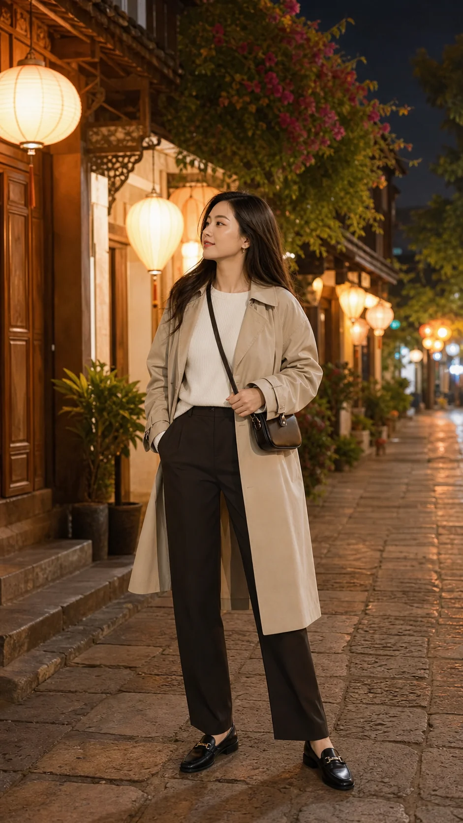 Outfit trench coat yến mạch đi dạo Đại Lý buổi tối