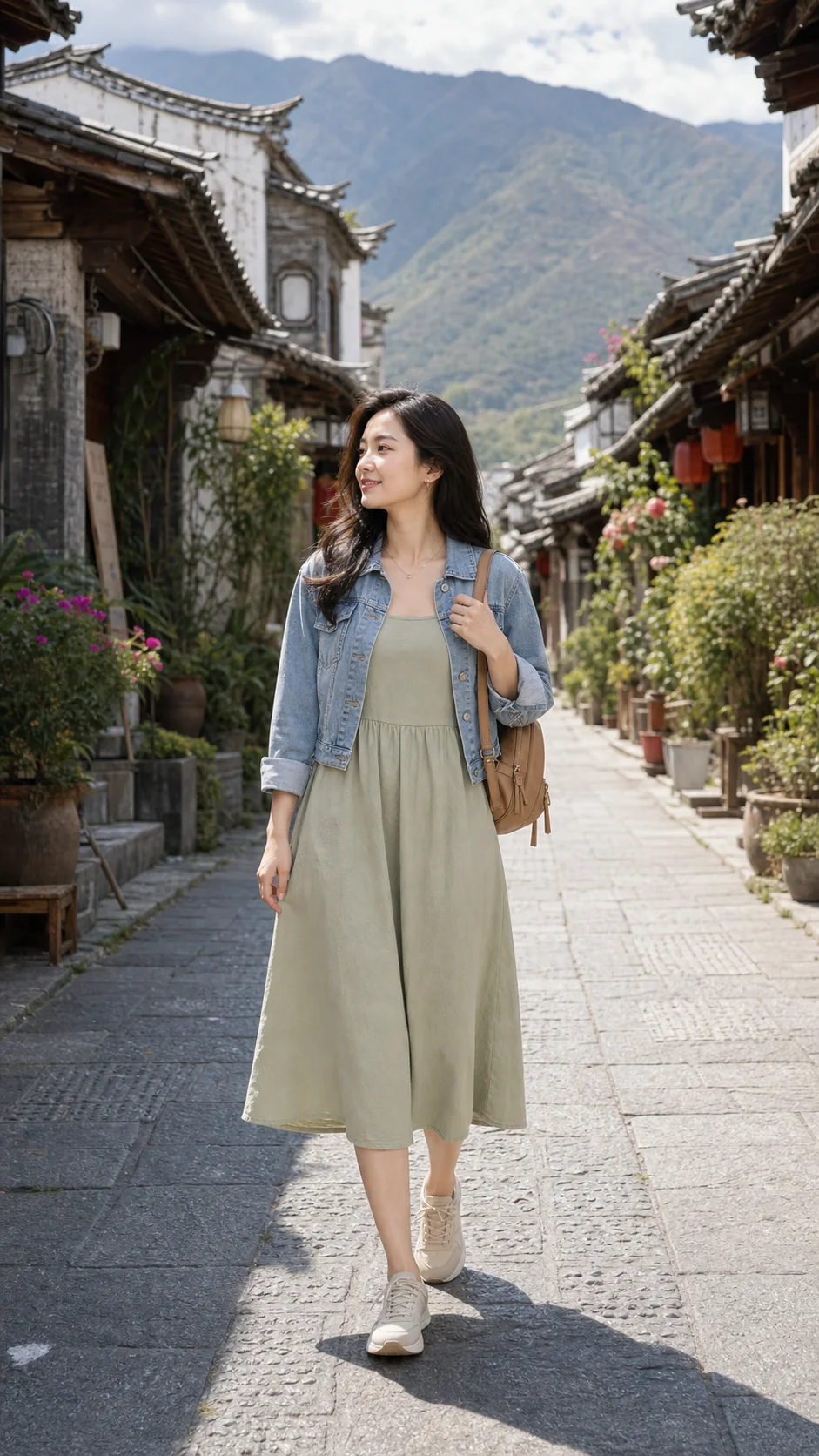 Outfit váy midi xanh sage tại Thành cổ Đại Lý