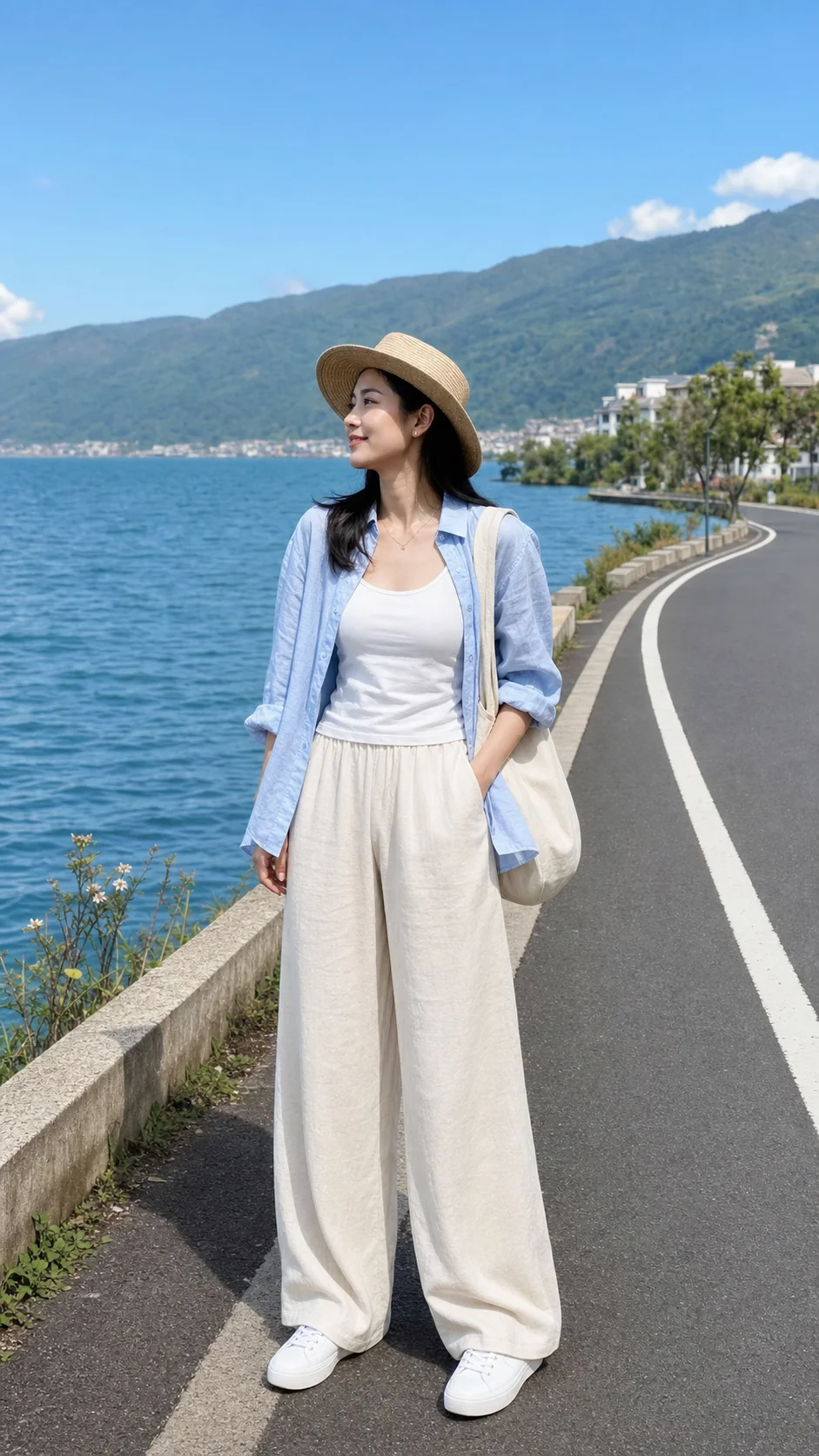 Outfit linen xanh nhạt bên Hồ Nhĩ Hải
