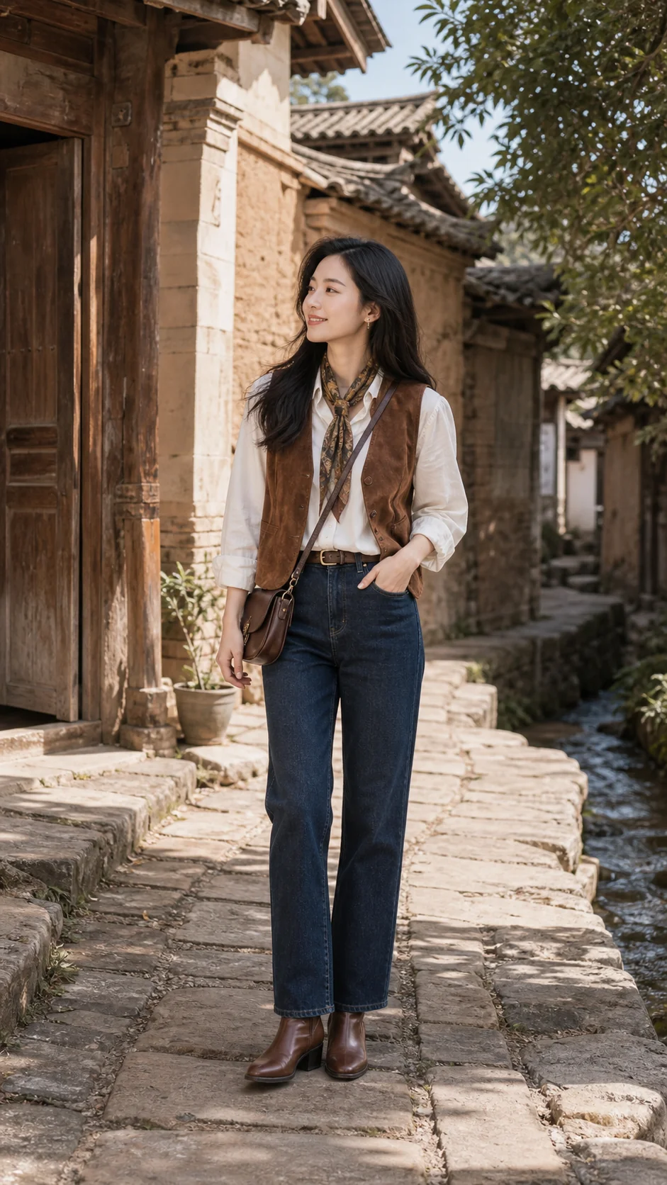 Outfit blouse trắng, gile nâu và jeans tại Sa Khê cổ trấn