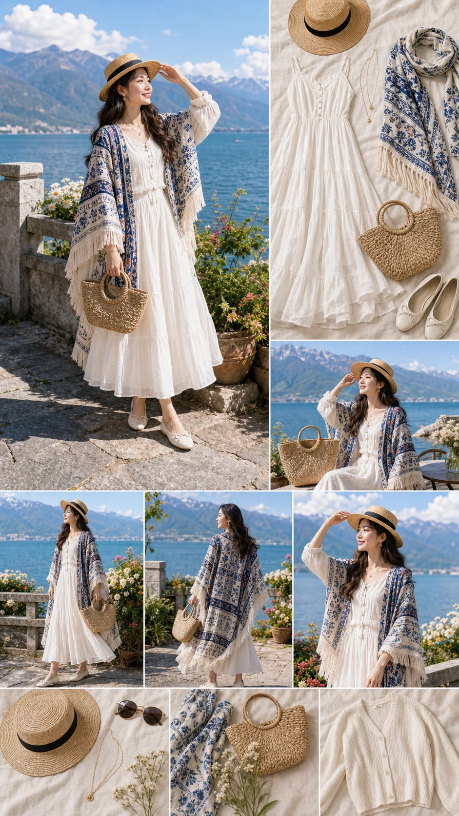 Moodboard outfit Boho ở Hồ Nhĩ Hải với váy trắng, áo choàng thêu tua rua, nón cói và túi cói