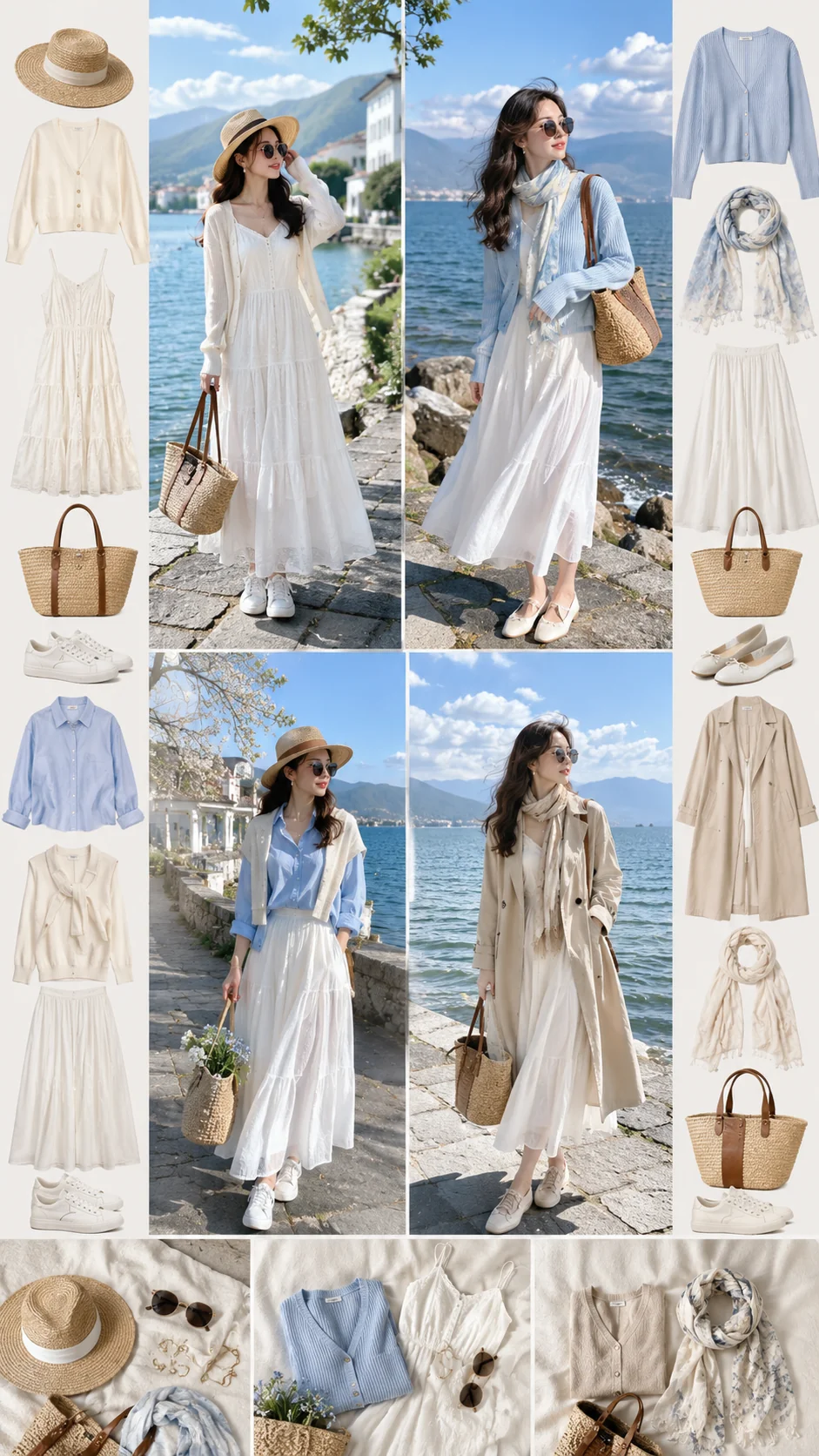 Moodboard outfit Hồ Nhĩ Hải tông xanh nhạt, trắng kem và phụ kiện cói