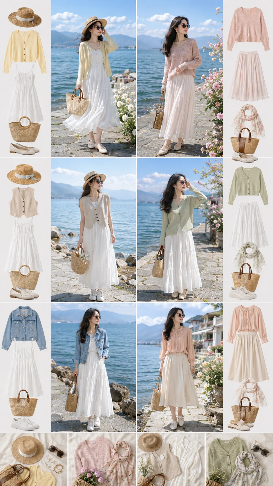 Moodboard outfit Hồ Nhĩ Hải tông pastel, váy trắng và cardigan nhẹ