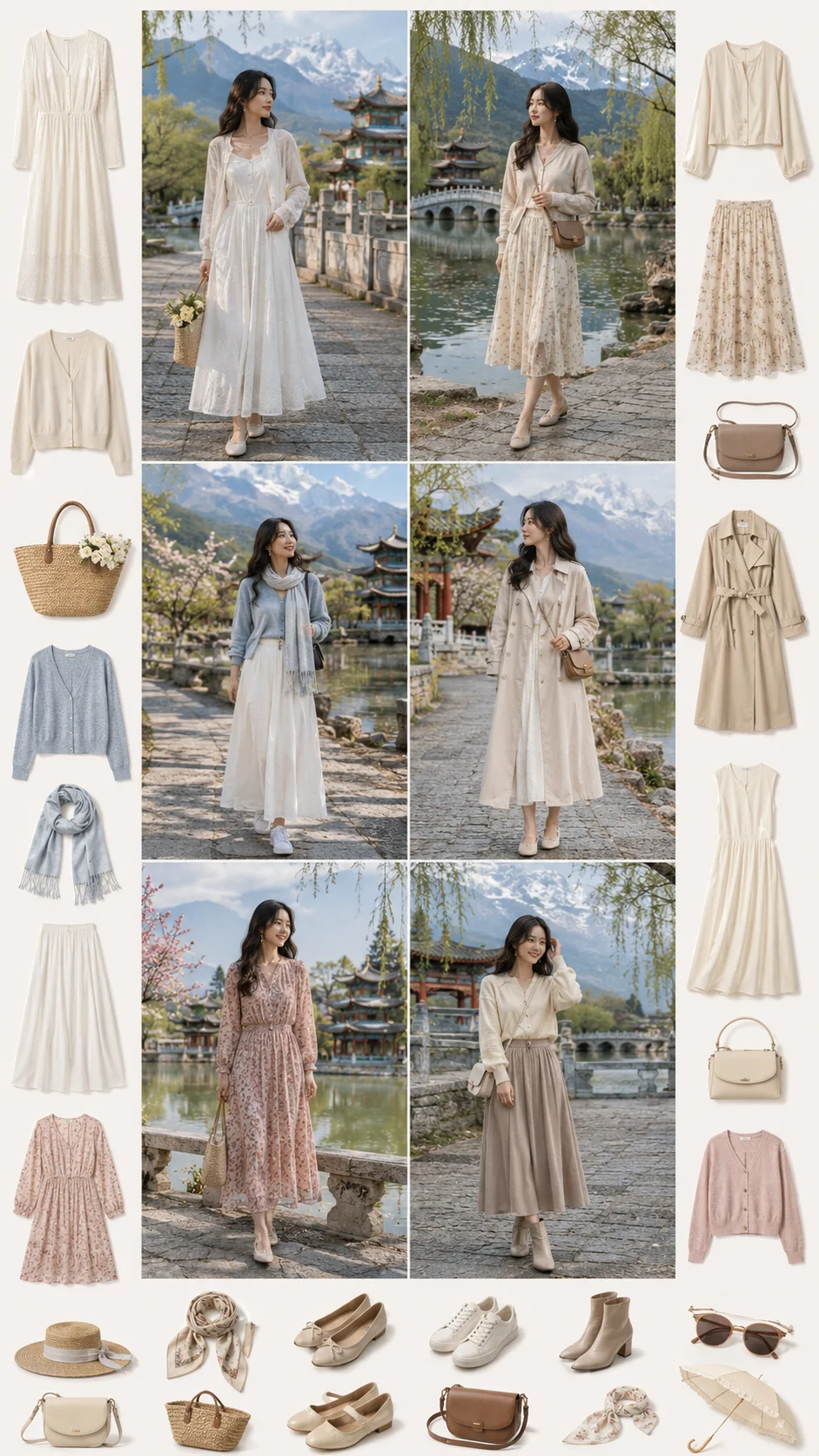 Moodboard outfit Công viên Hắc Long Đàm với váy trắng, cardigan sáng và cảnh núi tuyết soi hồ
