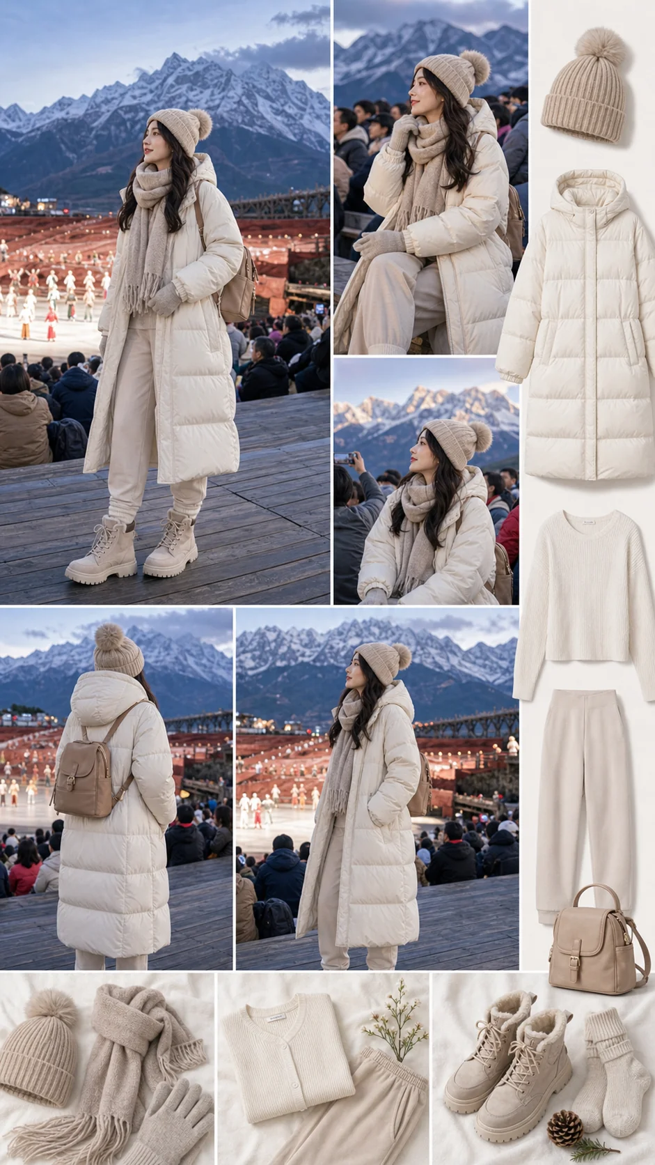 Moodboard outfit Show Ấn Tượng Lệ Giang với áo phao dài, khăn ấm, mũ len và boot