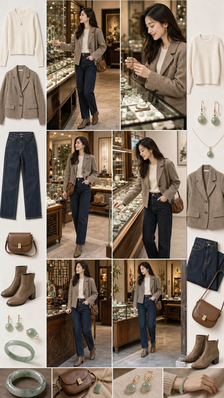 Moodboard outfit Cửa hàng Ngọc với áo len kem, jeans tối, áo khoác taupe và phụ kiện ngọc nhẹ
