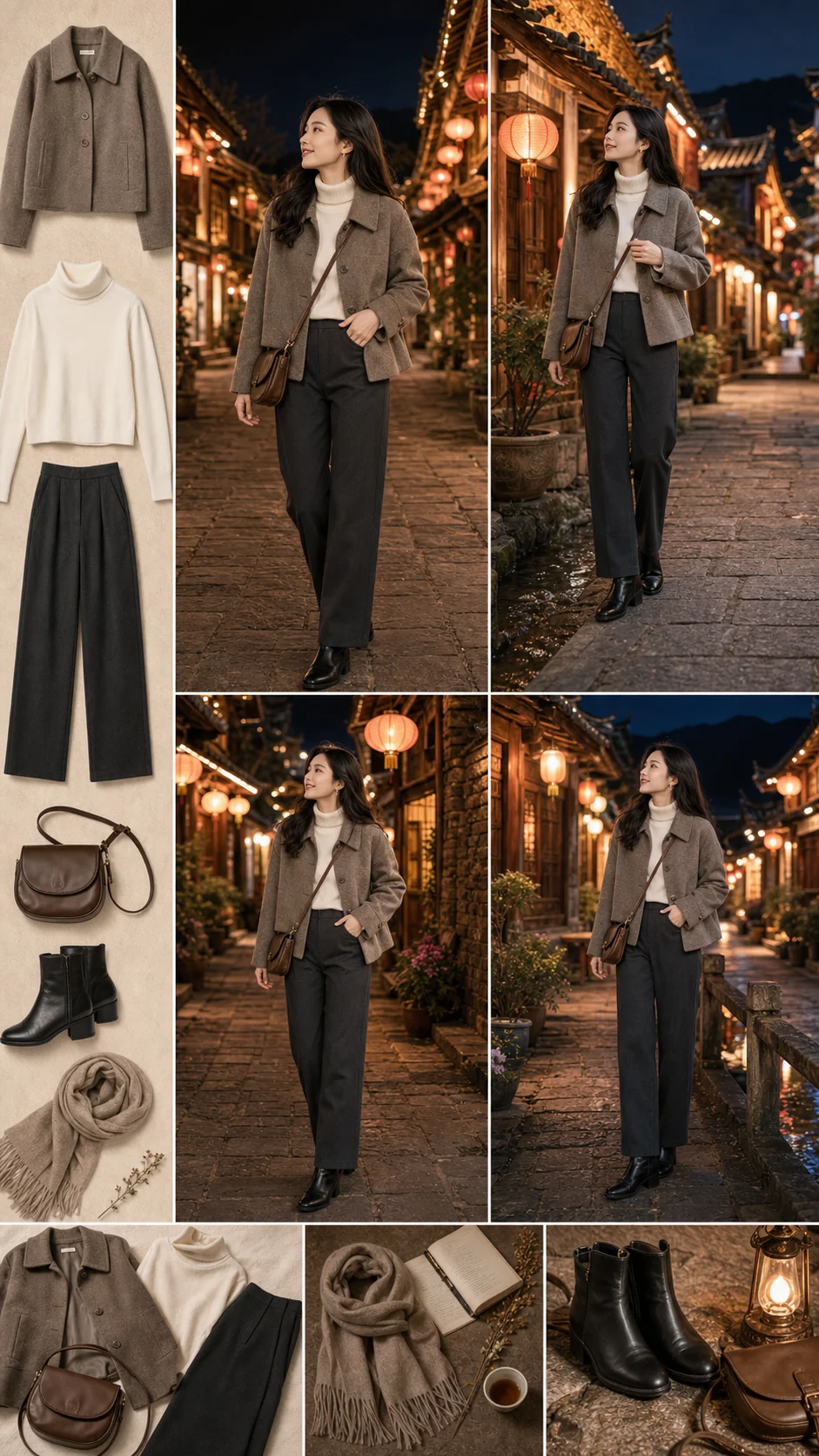 Moodboard outfit Thành cổ Lệ Giang buổi tối với áo len cổ lọ, áo khoác dạ và boot thấp
