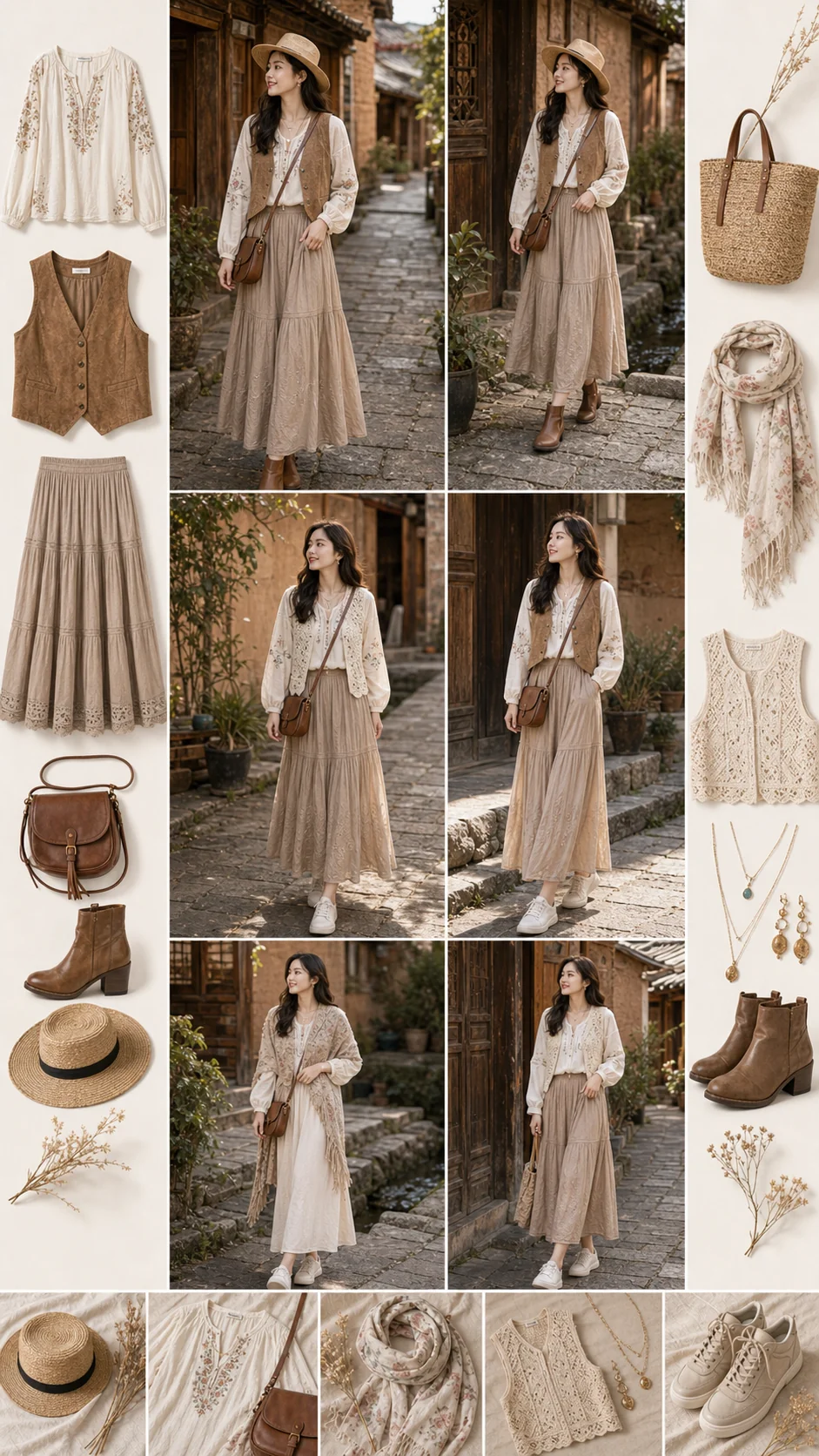Moodboard outfit Boho ở Sa Khê cổ trấn với blouse thêu, gile nâu, váy tầng và phụ kiện cói