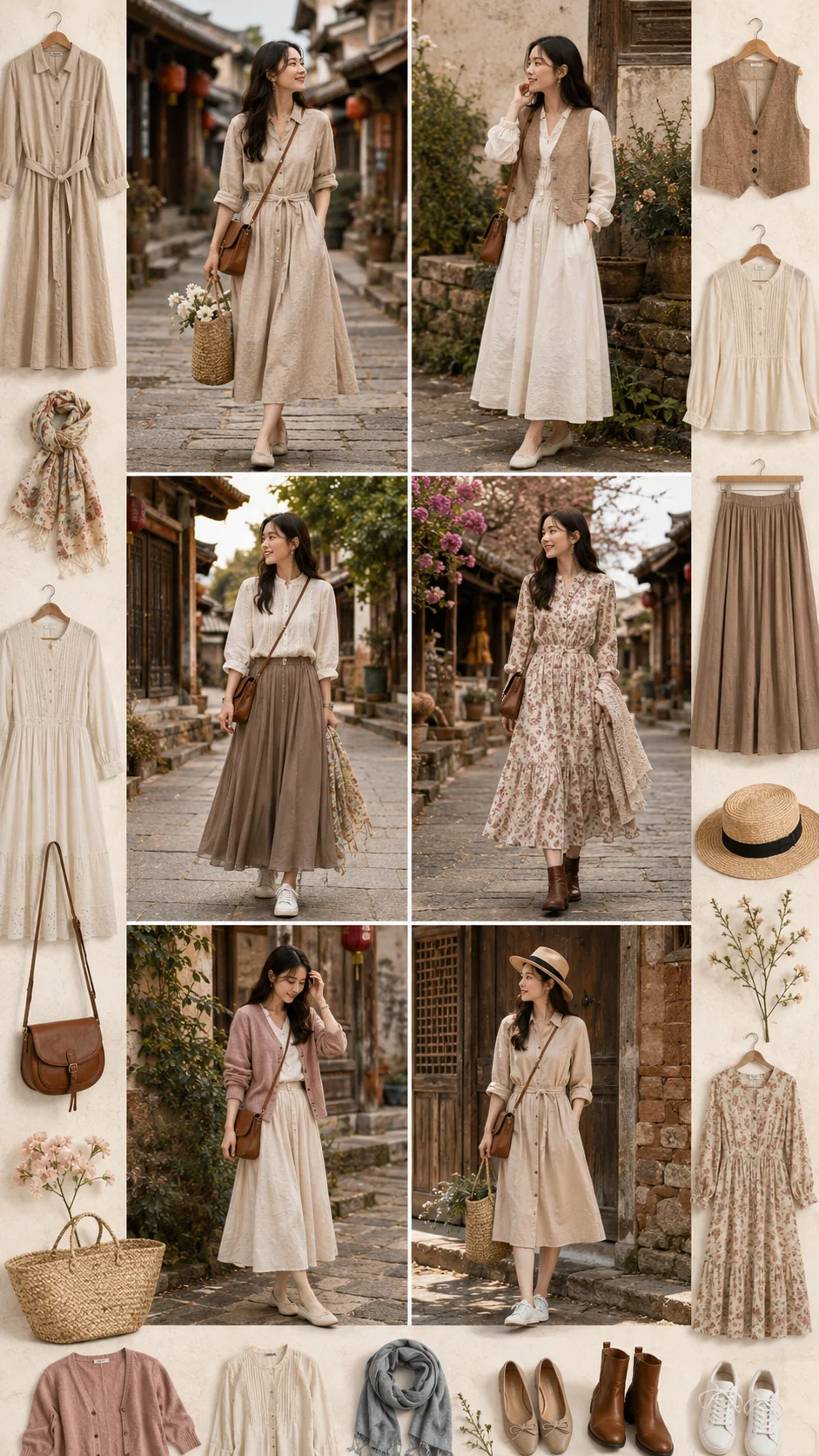 Moodboard outfit Sa Khê cổ trấn tông nâu kem, váy vintage và phụ kiện cói