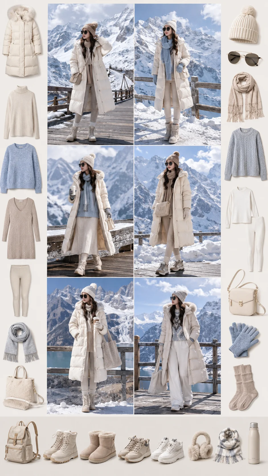 Moodboard outfit Núi Tuyết Ngọc Long với áo phao trắng, len giữ ấm, mũ len và phụ kiện chống lạnh