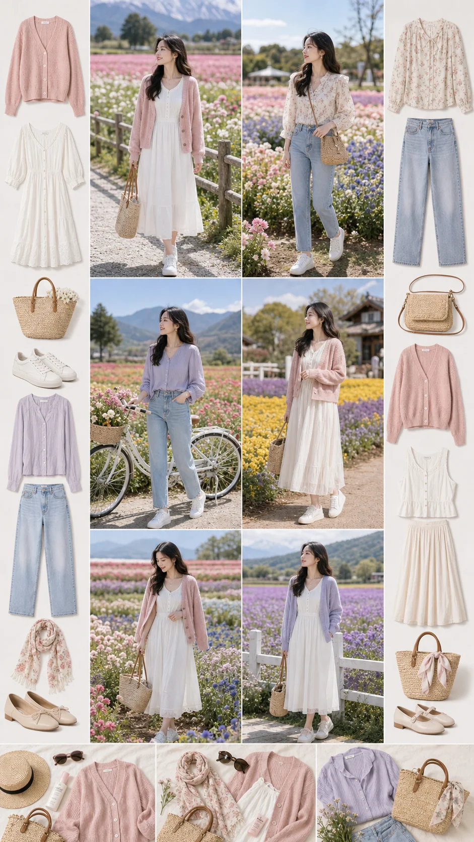 Moodboard outfit Trang trại hoa Vân Nam với váy trắng, cardigan pastel và sneaker thoải mái